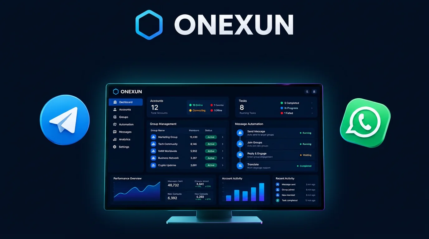 ONEXUN-branded demo cover with a desktop dashboard and Telegram and WhatsApp icons